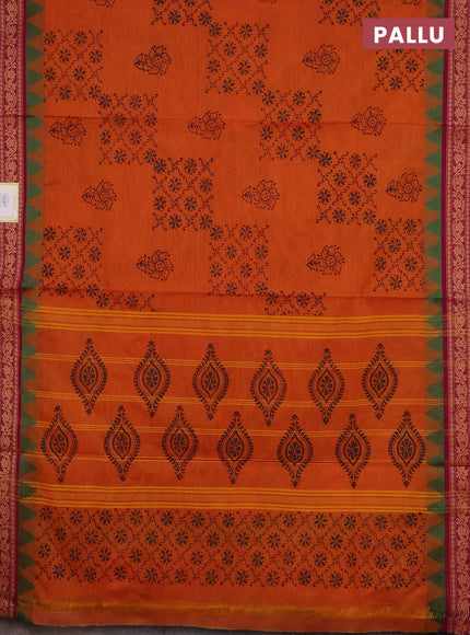 Chettinad cotton saree orange and dark pink with allover block prints and thread woven border