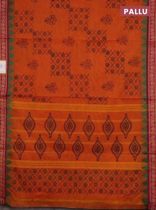 Chettinad cotton saree orange and dark pink with allover block prints and thread woven border