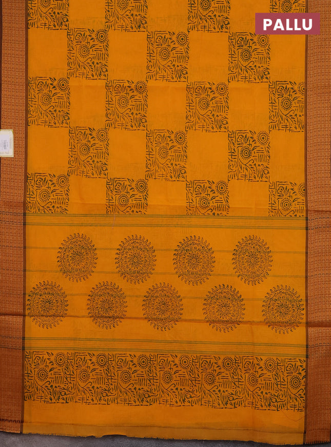 Chettinad cotton saree mango yellow and brown with allover block prints and thread woven border