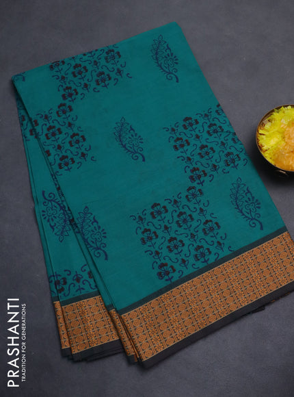 Chettinad cotton saree teal green with allover block prints and thread woven border