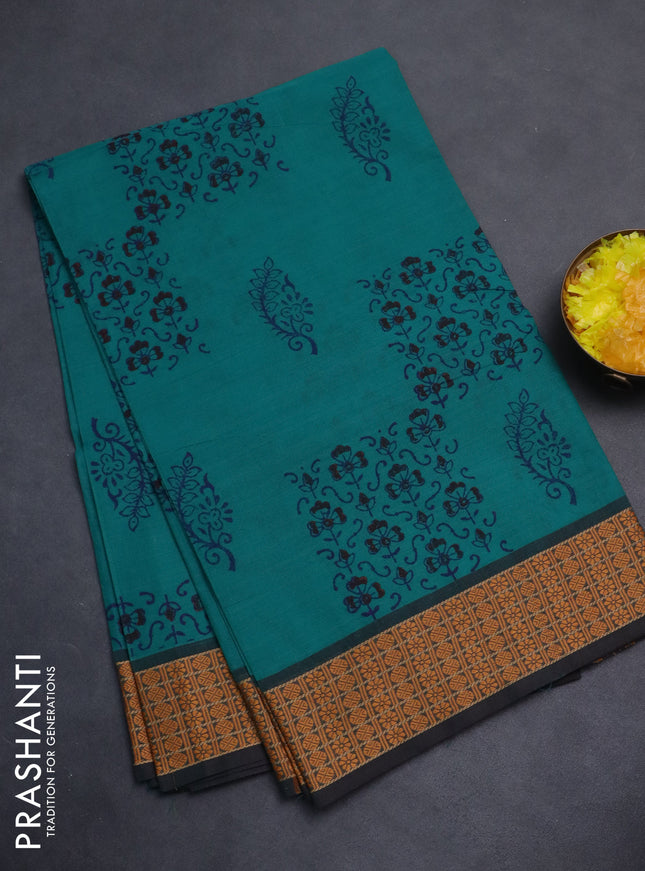 Chettinad cotton saree teal green with allover block prints and thread woven border