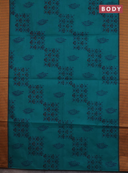 Chettinad cotton saree teal green with allover block prints and thread woven border
