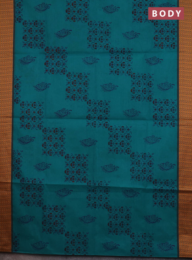 Chettinad cotton saree teal green with allover block prints and thread woven border