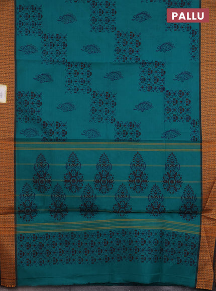 Chettinad cotton saree teal green with allover block prints and thread woven border