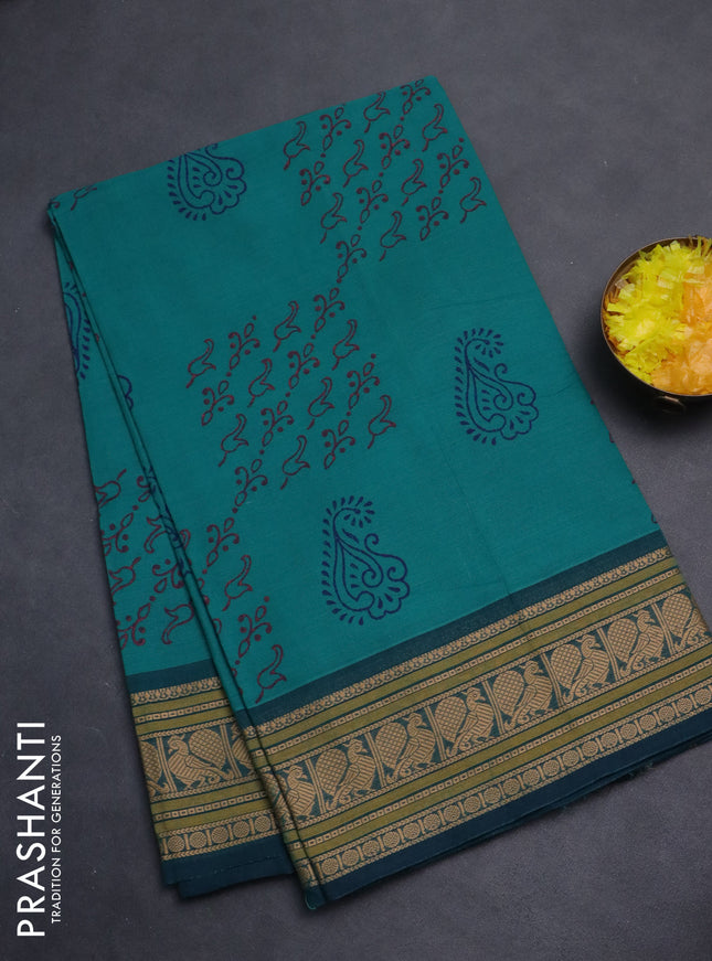 Chettinad cotton saree teal green with allover block prints and thread woven border