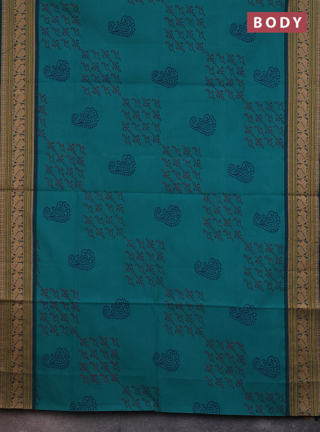 Chettinad cotton saree teal green with allover block prints and thread woven border