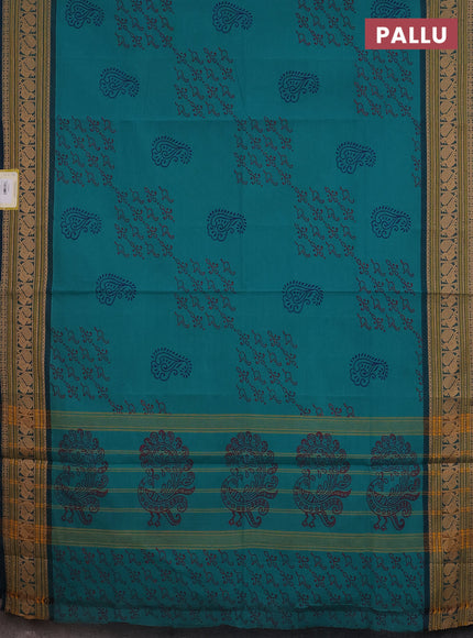 Chettinad cotton saree teal green with allover block prints and thread woven border