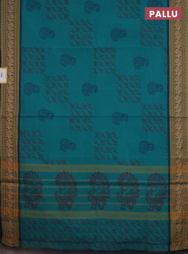 Chettinad cotton saree teal green with allover block prints and thread woven border