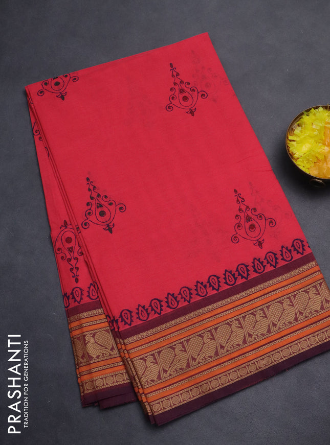 Chettinad cotton saree candy pink and wine shade with allover block prints and thread woven border