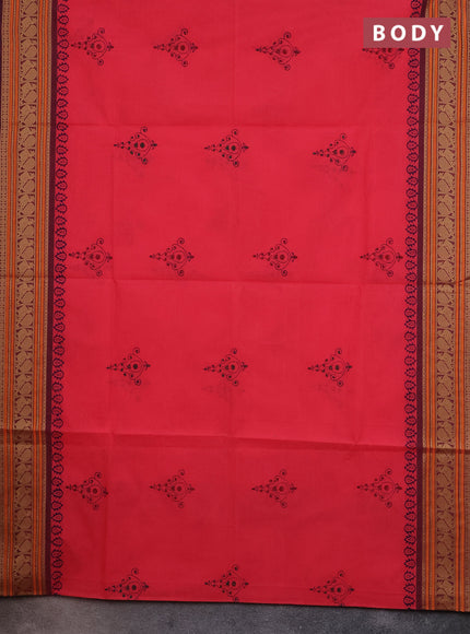 Chettinad cotton saree candy pink and wine shade with allover block prints and thread woven border