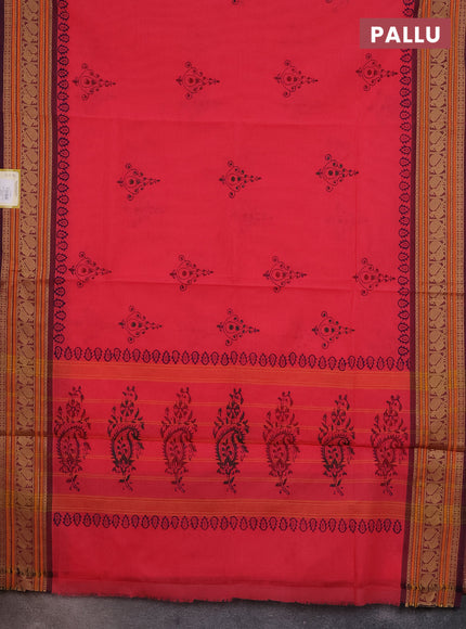 Chettinad cotton saree candy pink and wine shade with allover block prints and thread woven border