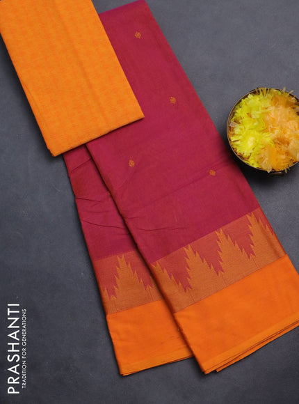 Chettinad cotton saree dual shade of magenta pink and orange with thread woven buttas and temple design thread woven simple border