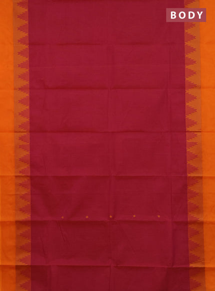 Chettinad cotton saree dual shade of magenta pink and orange with thread woven buttas and temple design thread woven simple border