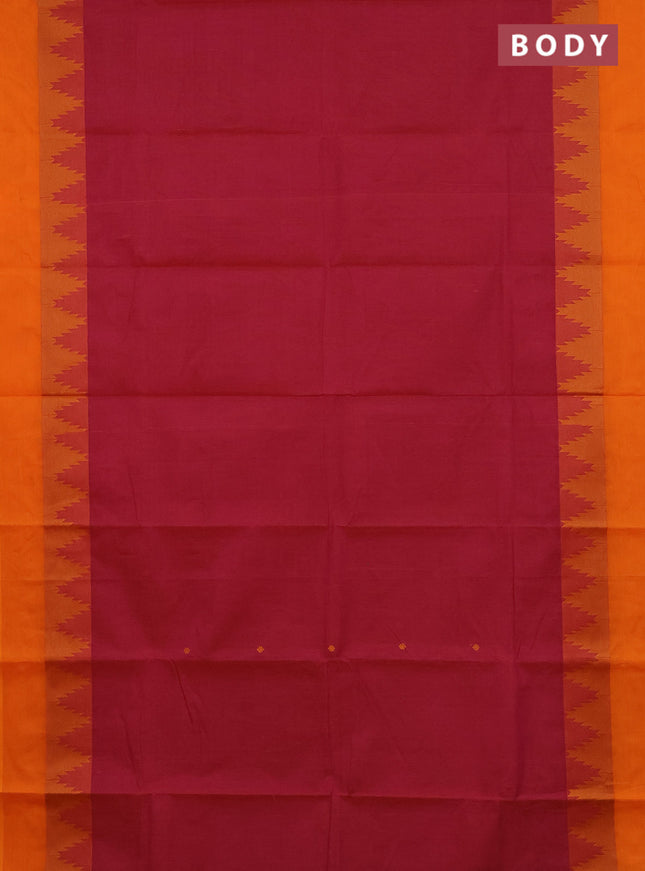 Chettinad cotton saree dual shade of magenta pink and orange with thread woven buttas and temple design thread woven simple border