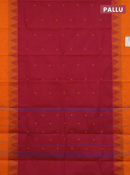 Chettinad cotton saree dual shade of magenta pink and orange with thread woven buttas and temple design thread woven simple border