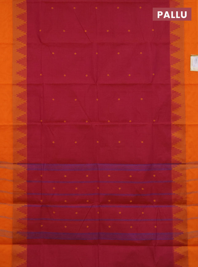 Chettinad cotton saree dual shade of magenta pink and orange with thread woven buttas and temple design thread woven simple border