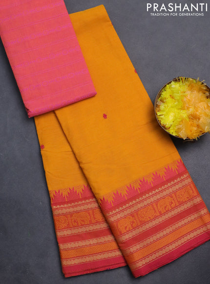 Chettinad cotton saree mango yellow and pink with thread woven buttas and thread woven border
