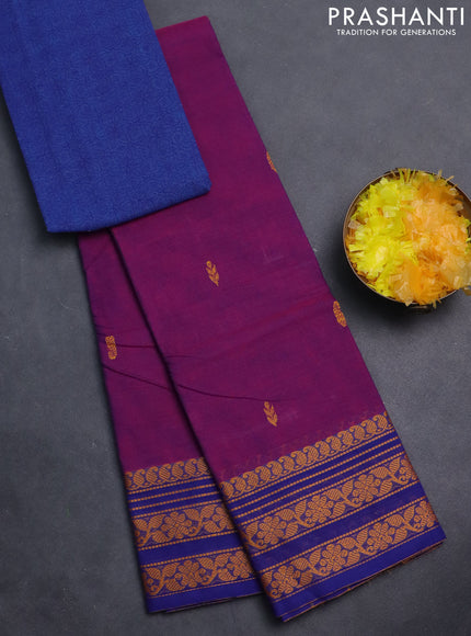 Chettinad cotton saree purple and blue with thread woven buttas and thread woven border