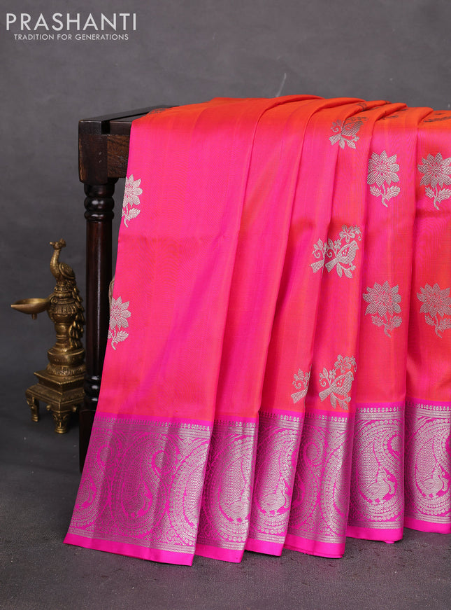 Venkatagiri silk saree dual shade of pinkish orange and pink with silver zari woven buttas and rich silver zari woven paisley border