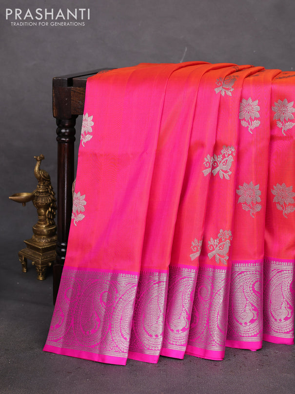 Venkatagiri silk saree dual shade of pinkish orange and pink with silver zari woven buttas and rich silver zari woven paisley border