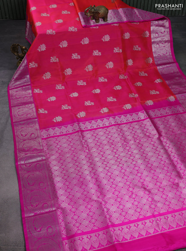 Venkatagiri silk saree dual shade of pinkish orange and pink with silver zari woven buttas and rich silver zari woven paisley border