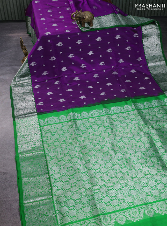 Venkatagiri silk saree purple and green with allover silver zari woven buttas and rich silver zari woven border