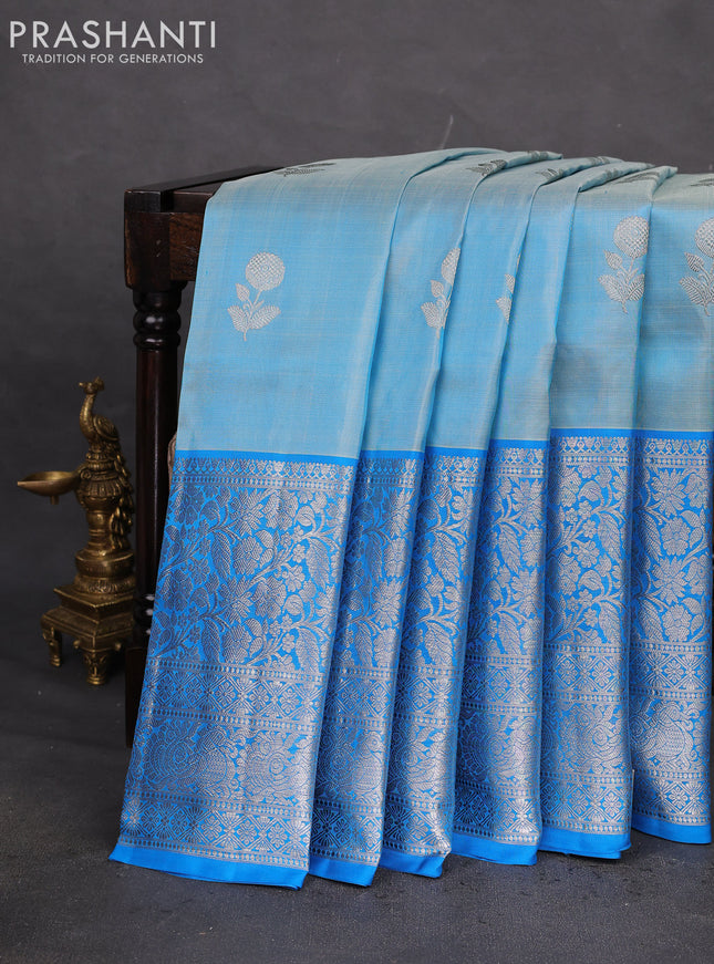 Venkatagiri silk saree light blue and cs blue with silver zari woven floral buttas and long silver zari woven border