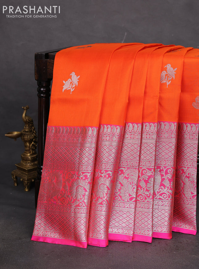 Venkatagiri silk saree orange and pink with silver zari woven buttas and long silver zari woven annam border