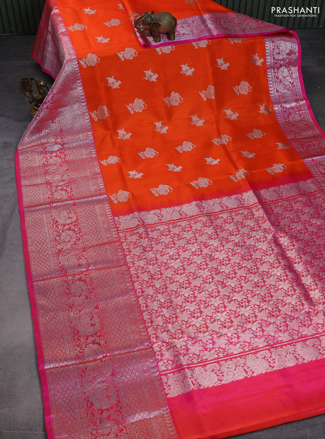 Venkatagiri silk saree orange and pink with silver zari woven buttas and long silver zari woven annam border