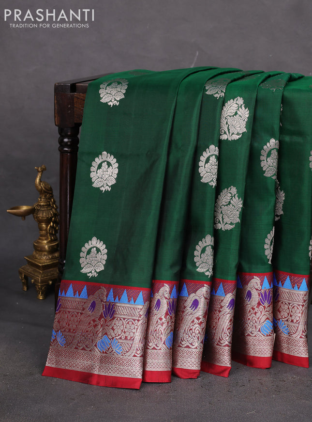 Venkatagiri silk saree green and maroon with silver zari woven buttas and silver zari woven parrot design border