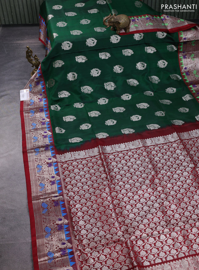Venkatagiri silk saree green and maroon with silver zari woven buttas and silver zari woven parrot design border