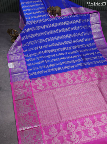 Venkatagiri silk saree blue and light pink with allover silver zari weaves and rich silver zari woven border