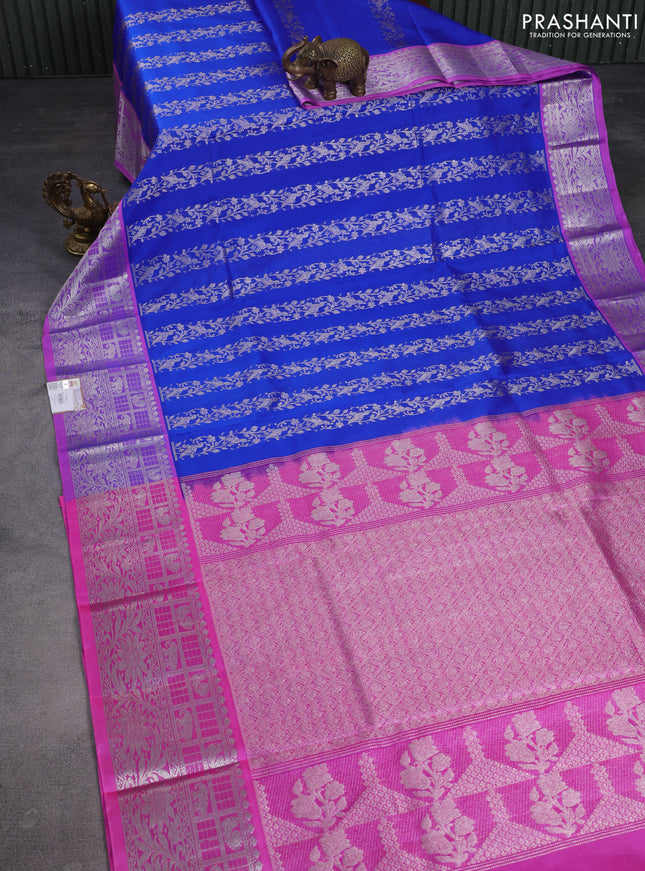 Venkatagiri silk saree blue and light pink with allover silver zari weaves and rich silver zari woven border