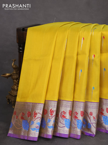 Venkatagiri silk saree yellow and blue with thread & silver zari woven muniya buttas and silver zari woven peacock design border