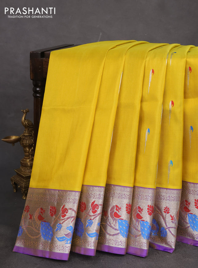 Venkatagiri silk saree yellow and blue with thread & silver zari woven muniya buttas and silver zari woven peacock design border