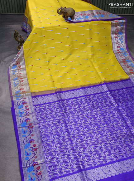 Venkatagiri silk saree yellow and blue with thread & silver zari woven muniya buttas and silver zari woven peacock design border