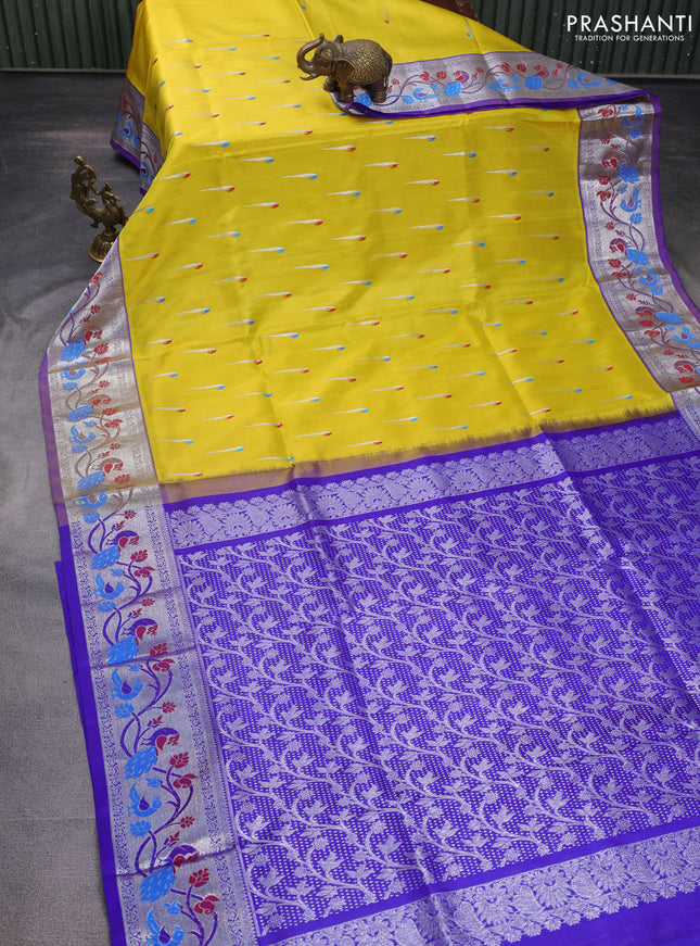 Venkatagiri silk saree yellow and blue with thread & silver zari woven muniya buttas and silver zari woven peacock design border