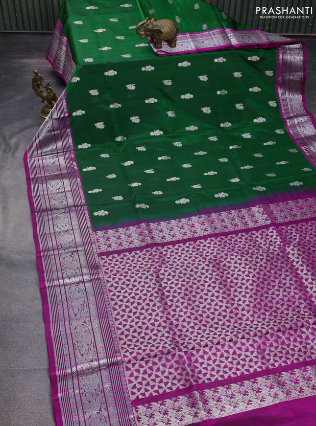 Venkatagiri silk saree green and purple with silver zari woven buttas and long silver zari woven border
