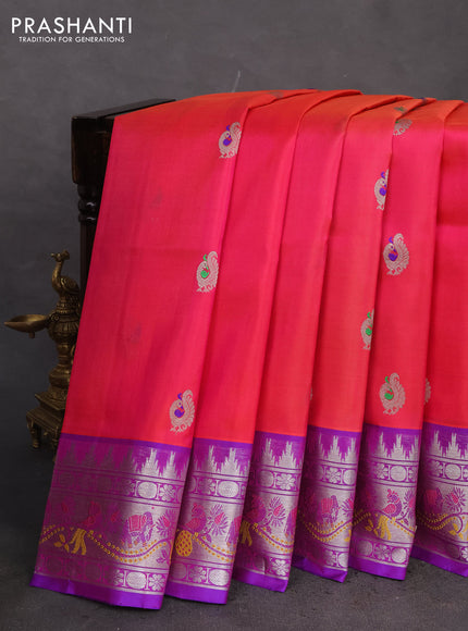 Venkatagiri silk saree dual shade of pinkish orange and blue with annam silver zari woven buttas and rich silver zari woven border