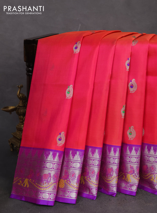 Venkatagiri silk saree dual shade of pinkish orange and blue with annam silver zari woven buttas and rich silver zari woven border