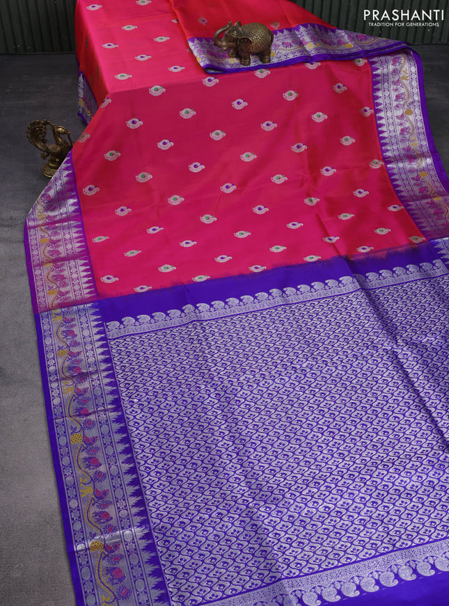 Venkatagiri silk saree dual shade of pinkish orange and blue with annam silver zari woven buttas and rich silver zari woven border