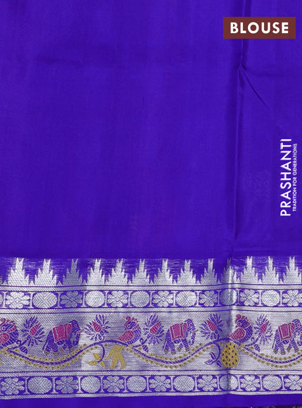 Venkatagiri silk saree dual shade of pinkish orange and blue with annam silver zari woven buttas and rich silver zari woven border