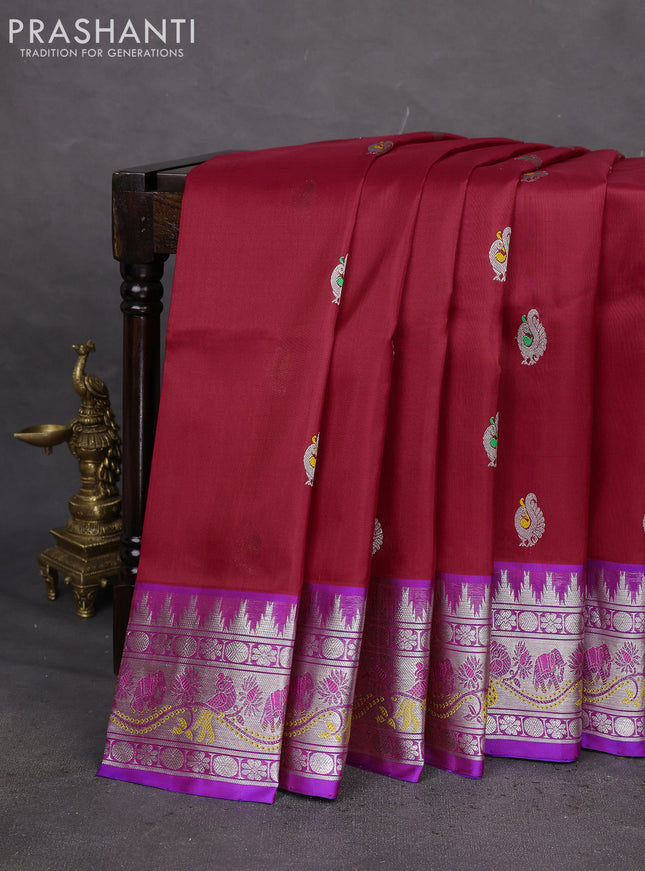 Venkatagiri silk saree red and blue with silver zari woven annam buttas and silver zari woven border