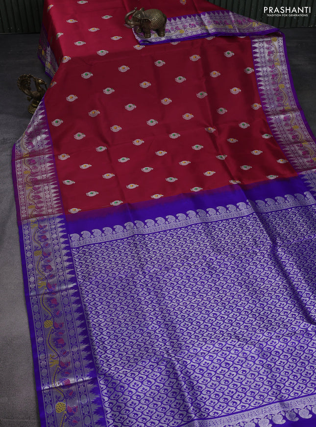 Venkatagiri silk saree red and blue with silver zari woven annam buttas and silver zari woven border