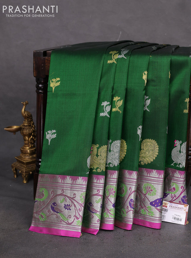 Venkatagiri silk saree green and pink with silver & gold zari woven buttas and silver zari woven paithani style border
