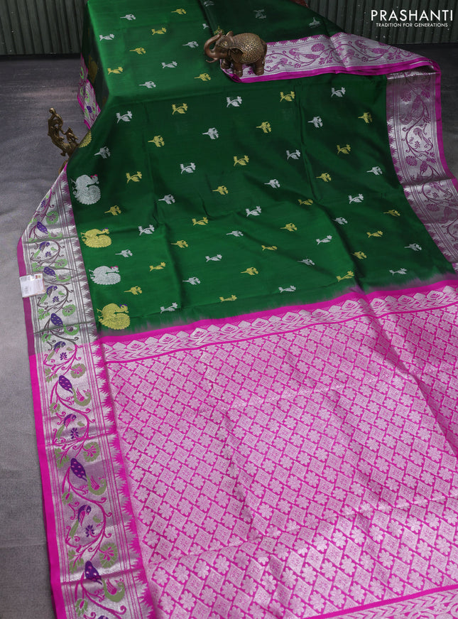 Venkatagiri silk saree green and pink with silver & gold zari woven buttas and silver zari woven paithani style border