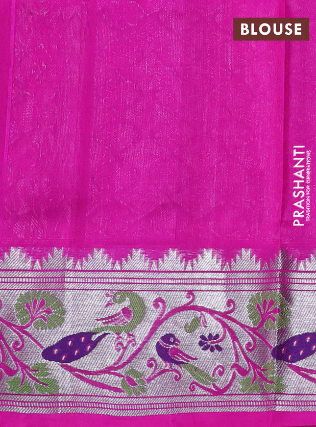 Venkatagiri silk saree green and pink with silver & gold zari woven buttas and silver zari woven paithani style border