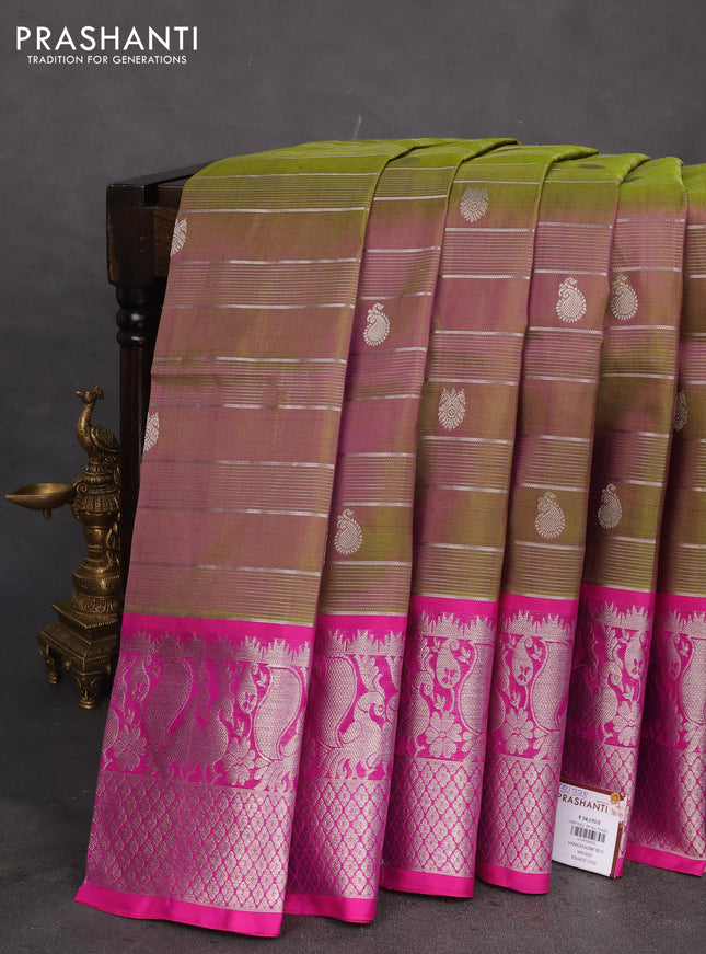 Venkatagiri silk saree dual shade of mehendi green and pink with allover silver zari weaves & buttas and rich zari woven annam border