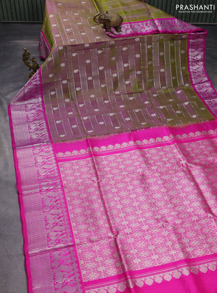 Venkatagiri silk saree dual shade of mehendi green and pink with allover silver zari weaves & buttas and rich zari woven annam border