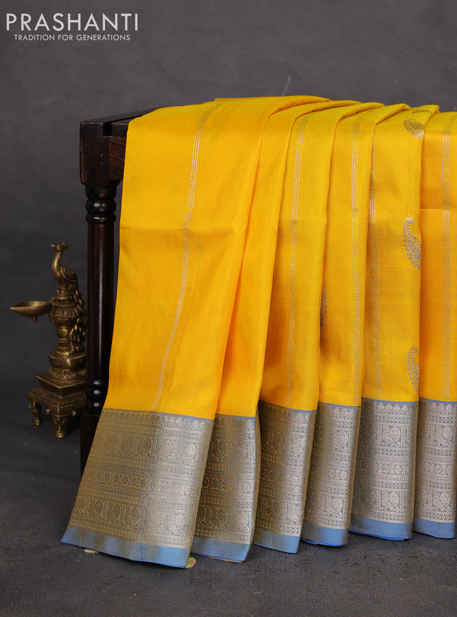 Venkatagiri silk saree yellow and blue with allover silver zari weaves & buttas and rich silver zari woven border